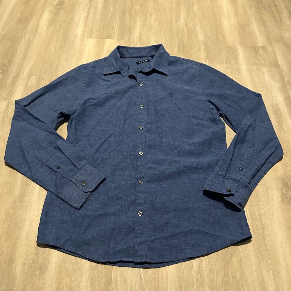 Izod Blue Linen Blend Button Down Shirt Top Sz M